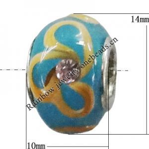 Handmade European Style Lampwork Beads With Platinum Color Copper Core And Rhinestone, 10x14mm Hole:5mm, Sold by PC