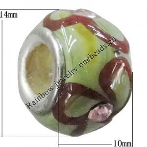 Handmade European Style Lampwork Beads With Platinum Color Copper Core And Rhinestone, 10x14mm Hole:5mm, Sold by PC