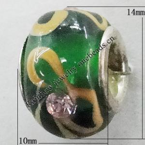 Handmade European Style Lampwork Beads With Platinum Color Copper Core And Rhinestone, 10x14mm Hole:5mm, Sold by PC