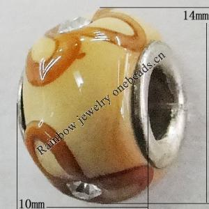 Handmade European Style Lampwork Beads With Platinum Color Copper Core And Rhinestone, 10x14mm Hole:5mm, Sold by PC