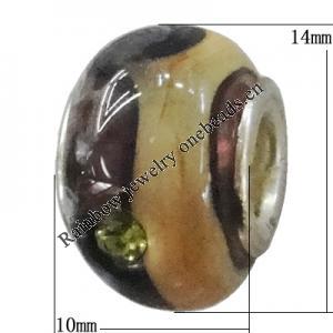 Handmade European Style Lampwork Beads With Platinum Color Copper Core And Rhinestone, 10x14mm Hole:5mm, Sold by PC