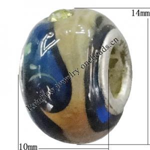 Handmade European Style Lampwork Beads With Platinum Color Copper Core And Rhinestone, 10x14mm Hole:5mm, Sold by PC