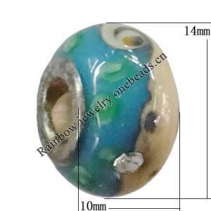 Handmade European Style Lampwork Beads With Platinum Color Copper Core And Rhinestone, 10x14mm Hole:5mm, Sold by PC