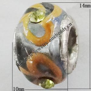 Handmade European Style Lampwork Beads With Platinum Color Copper Core And Rhinestone, 10x14mm Hole:5mm, Sold by PC