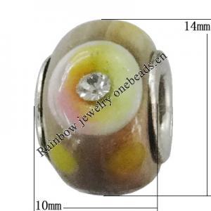 Handmade European Style Lampwork Beads With Platinum Color Copper Core And Rhinestone, 10x14mm Hole:5mm, Sold by PC