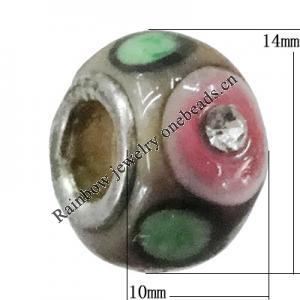 Handmade European Style Lampwork Beads With Platinum Color Copper Core And Rhinestone, 10x14mm Hole:5mm, Sold by PC