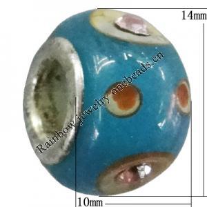 Handmade European Style Lampwork Beads With Platinum Color Copper Core And Rhinestone, 10x14mm Hole:5mm, Sold by PC