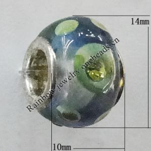 Handmade European Style Lampwork Beads With Platinum Color Copper Core And Rhinestone, 10x14mm Hole:5mm, Sold by PC