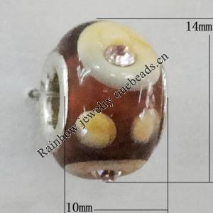 Handmade European Style Lampwork Beads With Platinum Color Copper Core And Rhinestone, 10x14mm Hole:5mm, Sold by PC