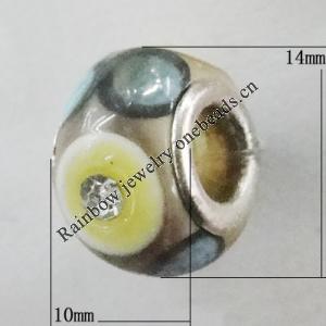 Handmade European Style Lampwork Beads With Platinum Color Copper Core And Rhinestone, 10x14mm Hole:5mm, Sold by PC