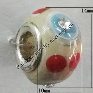 Handmade European Style Lampwork Beads With Platinum Color Copper Core And Rhinestone, 10x14mm Hole:5mm, Sold by PC