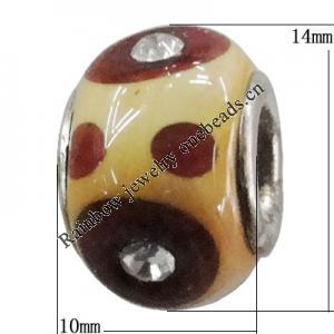 Handmade European Style Lampwork Beads With Platinum Color Copper Core And Rhinestone, 10x14mm Hole:5mm, Sold by PC