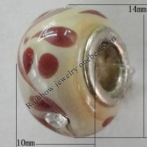 Handmade European Style Lampwork Beads With Platinum Color Copper Core And Rhinestone, 10x14mm Hole:5mm, Sold by PC