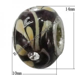 Handmade European Style Lampwork Beads With Platinum Color Copper Core And Rhinestone, 10x14mm Hole:5mm, Sold by PC