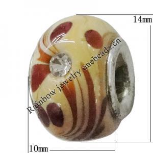 Handmade European Style Lampwork Beads With Platinum Color Copper Core And Rhinestone, 10x14mm Hole:5mm, Sold by PC