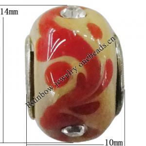 Handmade European Style Lampwork Beads With Platinum Color Copper Core And Rhinestone, 10x14mm Hole:5mm, Sold by PC