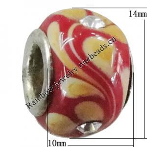 Handmade European Style Lampwork Beads With Platinum Color Copper Core And Rhinestone, 10x14mm Hole:5mm, Sold by PC