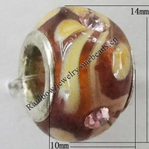 Handmade European Style Lampwork Beads With Platinum Color Copper Core And Rhinestone, 10x14mm Hole:5mm, Sold by PC