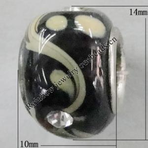 Handmade European Style Lampwork Beads With Platinum Color Copper Core And Rhinestone, 10x14mm Hole:5mm, Sold by PC