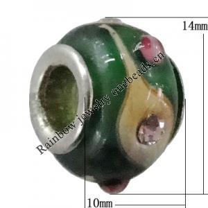 Handmade European Style Lampwork Beads With Platinum Color Copper Core And Rhinestone, 10x14mm Hole:5mm, Sold by PC