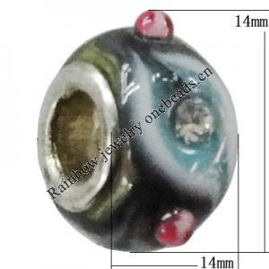 Handmade European Style Lampwork Beads With Platinum Color Copper Core And Rhinestone, 10x14mm Hole:5mm, Sold by PC