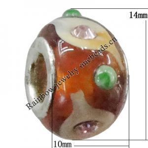 Handmade European Style Lampwork Beads With Platinum Color Copper Core And Rhinestone, 10x14mm Hole:5mm, Sold by PC