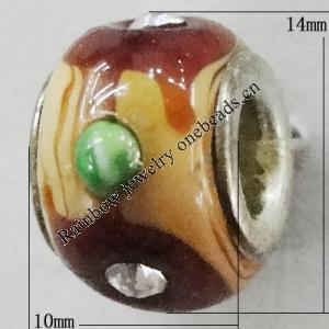 Handmade European Style Lampwork Beads With Platinum Color Copper Core And Rhinestone, 10x14mm Hole:5mm, Sold by PC