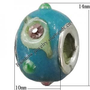 Handmade European Style Lampwork Beads With Platinum Color Copper Core And Rhinestone, 10x14mm Hole:5mm, Sold by PC