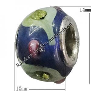 Handmade European Style Lampwork Beads With Platinum Color Copper Core And Rhinestone, 10x14mm Hole:5mm, Sold by PC