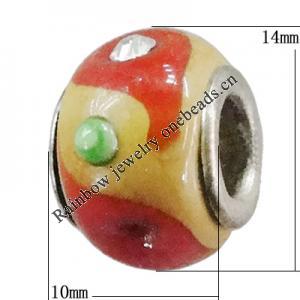 Handmade European Style Lampwork Beads With Platinum Color Copper Core And Rhinestone, 10x14mm Hole:5mm, Sold by PC