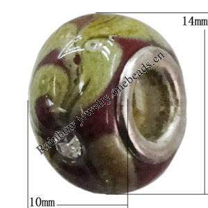 Handmade European Style Lampwork Beads With Platinum Color Copper Core And Rhinestone, 10x14mm Hole:5mm, Sold by PC