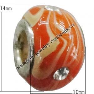 Handmade European Style Lampwork Beads With Platinum Color Copper Core And Rhinestone, 10x14mm Hole:5mm, Sold by PC