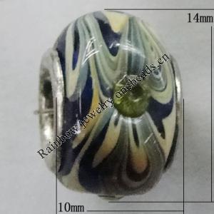 Handmade European Style Lampwork Beads With Platinum Color Copper Core And Rhinestone, 10x14mm Hole:5mm, Sold by PC