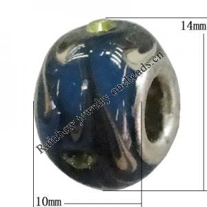 Handmade European Style Lampwork Beads With Platinum Color Copper Core And Rhinestone, 10x14mm Hole:5mm, Sold by PC