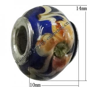 Handmade European Style Lampwork Beads With Platinum Color Copper Core And Rhinestone, 10x14mm Hole:5mm, Sold by PC