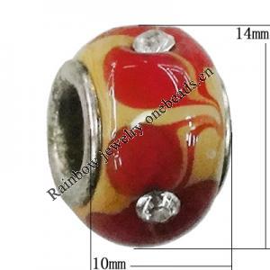 Handmade European Style Lampwork Beads With Platinum Color Copper Core And Rhinestone, 10x14mm Hole:5mm, Sold by PC