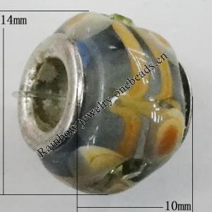 Handmade European Style Lampwork Beads With Platinum Color Copper Core And Rhinestone, 10x14mm Hole:5mm, Sold by PC