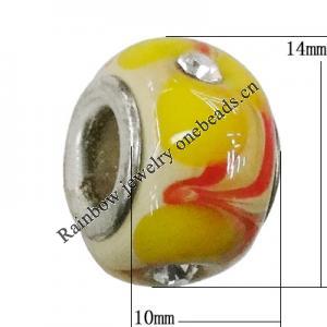 Handmade European Style Lampwork Beads With Platinum Color Copper Core And Rhinestone, 10x14mm Hole:5mm, Sold by PC