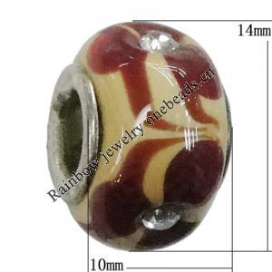 Handmade European Style Lampwork Beads With Platinum Color Copper Core And Rhinestone, 10x14mm Hole:5mm, Sold by PC