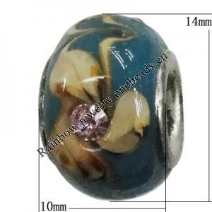 Handmade European Style Lampwork Beads With Platinum Color Copper Core And Rhinestone, 10x14mm Hole:5mm, Sold by PC