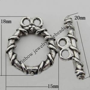 Clasp Zinc Alloy Jewelry Findings Lead-free, Loop:18x15mm,Bar:20x6mm, Hole:2mm, Sold by Bag