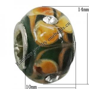 Handmade European Style Lampwork Beads With Platinum Color Copper Core And Rhinestone, 10x14mm Hole:5mm, Sold by PC