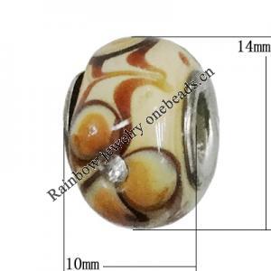 Handmade European Style Lampwork Beads With Platinum Color Copper Core And Rhinestone, 10x14mm Hole:5mm, Sold by PC