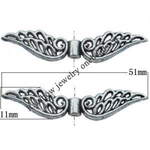 Bead Zinc Alloy Jewelry Findings Lead-free, Wing 51x11mm, Hole:2mm, Sold by KG