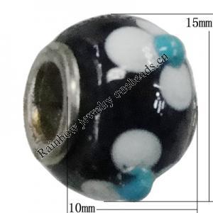 Handmade European Style Lampwork Beads With Platinum Color Copper Core, About 10x15mm Hole:5mm, Sold by PC