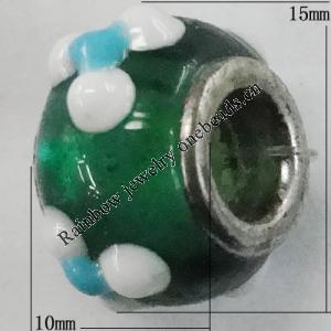 Handmade European Style Lampwork Beads With Platinum Color Copper Core, About 10x15mm Hole:5mm, Sold by PC