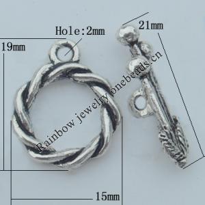 Clasp Zinc Alloy Jewelry Findings Lead-free, Loop:19x15mm,Bar:21x6mm, Hole:2mm, Sold by Bag