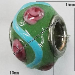 Handmade European Style Lampwork Beads With Platinum Color Copper Core, About 10x15mm Hole:5mm, Sold by PC