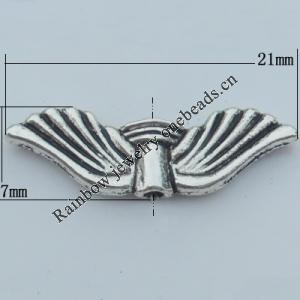 Bead Zinc Alloy Jewelry Findings Lead-free, Wing 21x7mm, Hole:1mm, Sold by KG