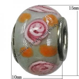 Handmade European Style Lampwork Beads With Platinum Color Copper Core, 10x15mm Hole:5mm, Sold by PC